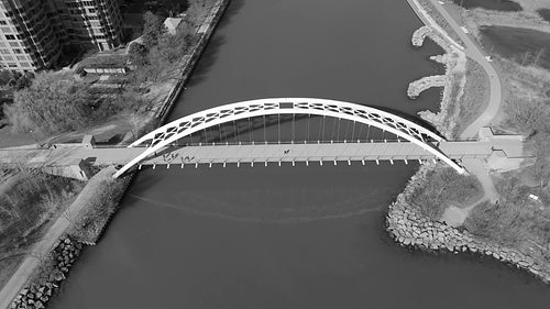 Humber Bay Arch Bridge. Birds eye drone aerial view. Black and white. 4K.