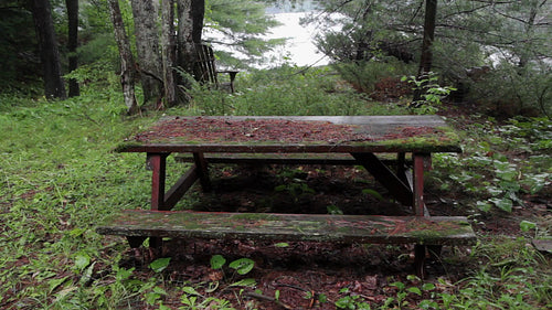 Old picnic table at abandoned cottaage. HD video.