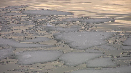 Ice floating in winter river. Evening light. HD video.