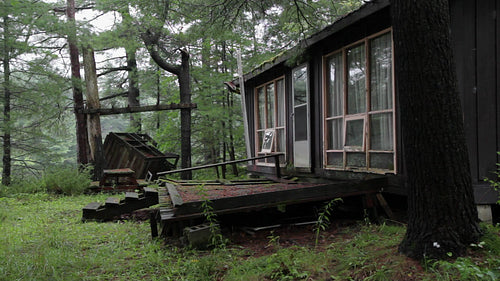 Side view of abandoned cottage in the woods. Rain falling. HD video.
