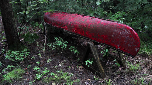 Old abandoned canoe sits in the forest. Sound of rain falling. HD video.