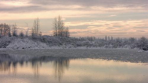 Beautiful winter light after snow storm. Fraser River, BC. HD video.