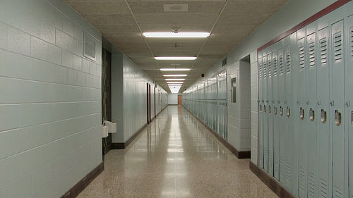 High school hallway. Zoom in. Toronto, Ontario, Canada. HD video.