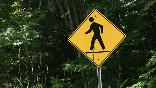 Pedestrian sign. Yellow sign with green forest background. HDV footage. HD.