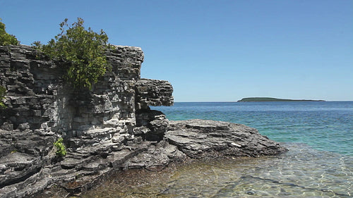 Rock formations on shore of Flowerpot Island, Ontario, Canada. HD.