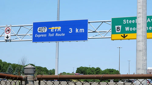 Sign for toll highway 407 in Toronto, Canada. ETR. Express Toll Route. HD.