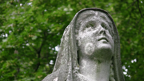 Madonna statue looks skyward. Detail. Green trees in background. HDV footage. HD.