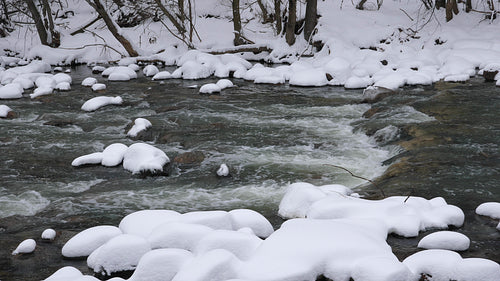 Snowy river. Snow on rocks and on forest riverbank. Don River, Toronto. 4K.