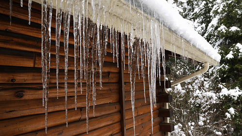 Icicles hang from roof of winter cottage. Wooden chalet in Ontario, Canada. 4K.