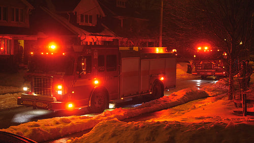 Firetruck responds to call in suburban neighborhood. Toronto, Canada. 4K.