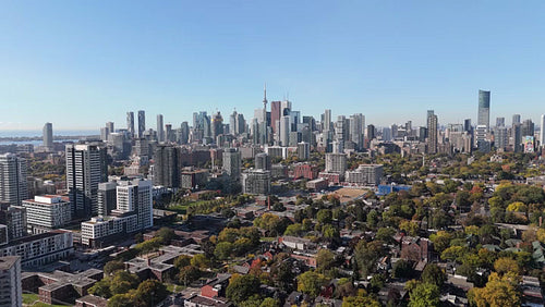 Drone aerial rising. View of Toronto from the east. 4K.