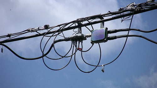 Suburban wires with television cable junction box. East York, Toronto, Ontario, Canada. HD.