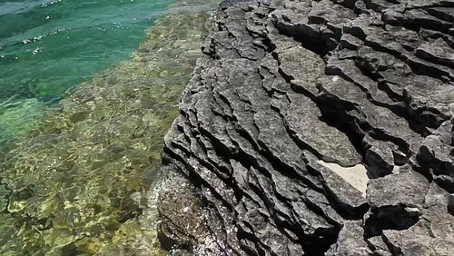 Flowerpot island shoreline and rock formations. Georgian Bay, Tobermory, Ontario, Canada. HD.