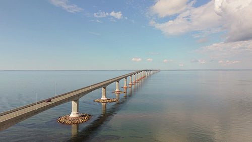 Drone aerial. Confederation Bridge linking New Brunswick and PEI. Summer. 4K.