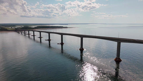 Static drone aerial. Confederation Bridge and shore of New Brunswick, Canada. 4K.