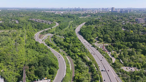 Drone aerial. Flying north. Stock video drone footage of Don Valley Parkway. Toronto. 4K.