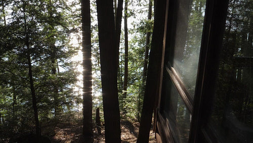 Slow motion view from cottage high up in forest. Sparkling lake below. HD.