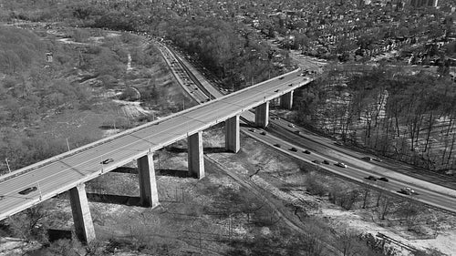 Leaside Bridge and Don Valley Parkway. Static drone aerial. Black and white. 4K