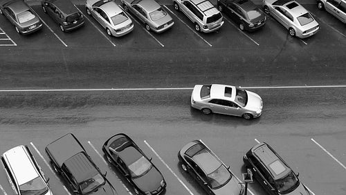 Car finds parking spot in the rain. Black and white. HD.