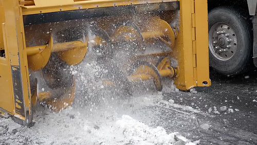 Snow removal machine in slow motion. Snow clearing after winter storm. HD.