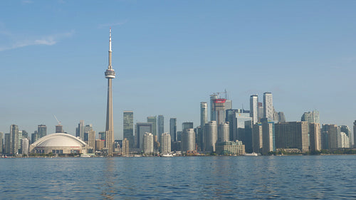 Toronto skyline on warm hazy summer morning. Toronto, Ontario, Canada. 4K stock video.