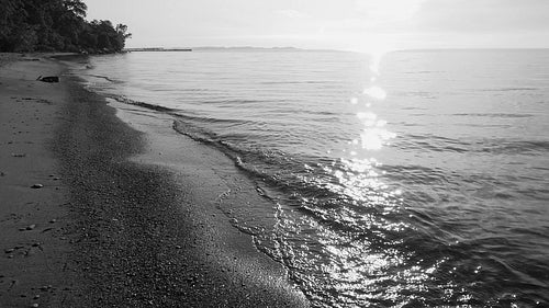Slow motion sunlit wave and beach. Wide shot. Toronto Islands. B&W. HD stock video.