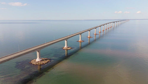 Static drone aerial. Confederation Bridge linking New Brunswick and PEI. Summer. 4K.