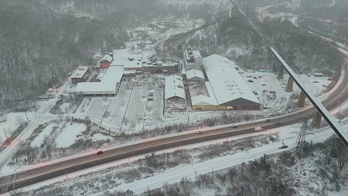 Drone aerial. Circling Don Valley Brick Works, Toronto. Winter. 4K. Editorial use only.