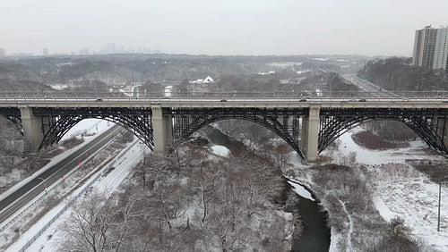 Drone aerial. Bloor Viaduct. Winter in Toronto. 4K. Editorial Use Only.