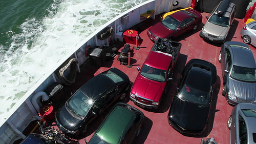 Car ferry. Pan and tilt to horizon. HD.