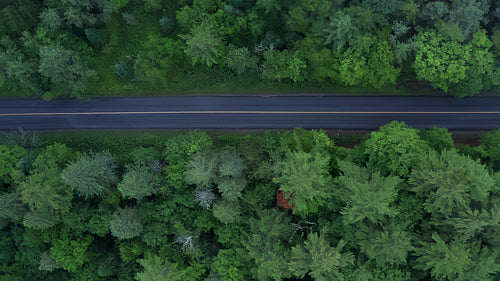 Drone aerial follows straight section of road. Summer in Ontario. 4K.