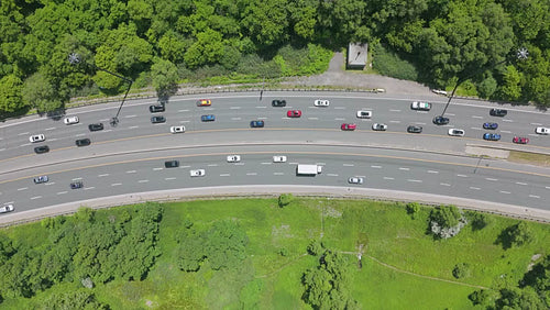 Drone aerial. Top down view stock video of highway corner. Don Valley Parkway, Toronto. 4K.