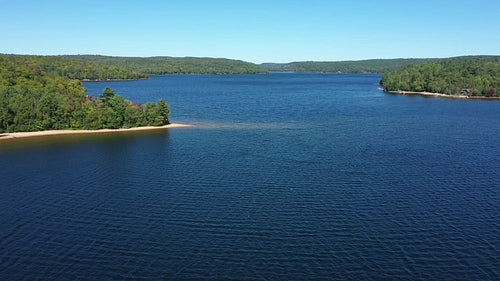 Drone flight over Drag Lake, Haliburton. Summer in Ontario. HD.