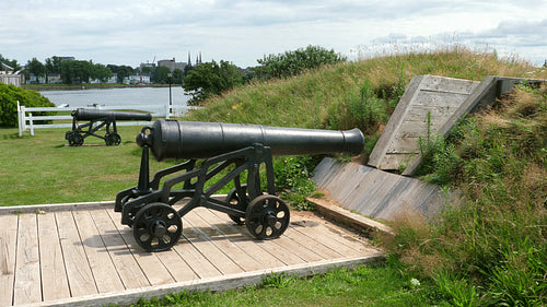 Old gun at Prince Edward Battery military site. Charlottetown, PEI. 4K.