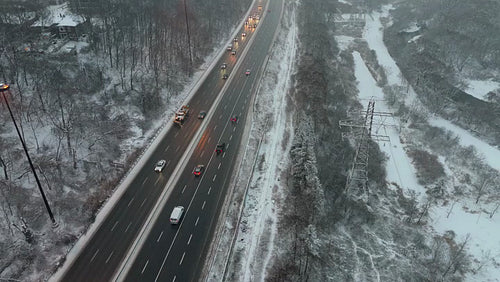 Drone aerial over Don Valley Parkway flying south. Toronto Winter. 4K. Editorial use only.