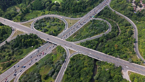 Static drone aerial. Stock video footage of Don Valley Parkway at Lawrence Ave. Toronto. 4K.