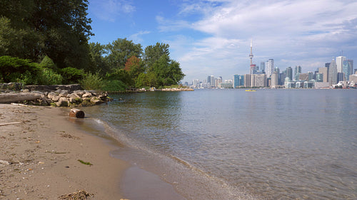 View of downtown Toronto from beach on Toronto islands. 4K stock video.