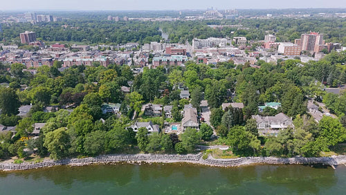 Drone aerial. Stock video of Oakville waterfront properties and downtown. 4K.