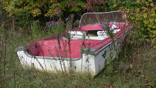 Abandoned red boat in forest dump. HDV footage. HD.