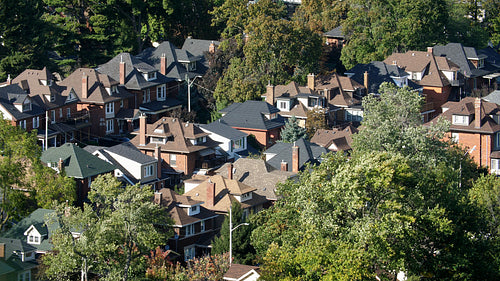 Aerial view of houses in the St Clair neighbourhood of Hamilton, Ontario. 4K.
